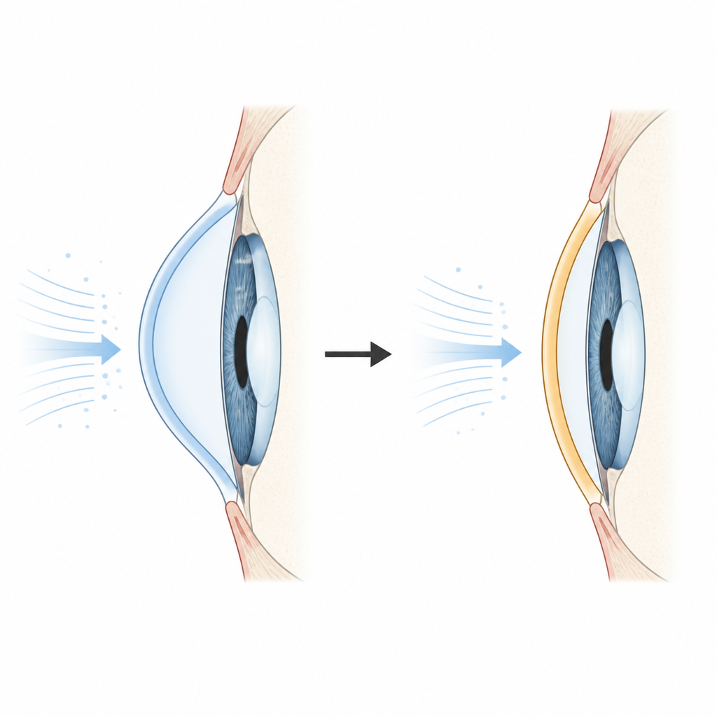 Figure 2. A closer look at how a cornea from youth to adulthood flexes less under the same air puff as the tissue becomes stiffer.
