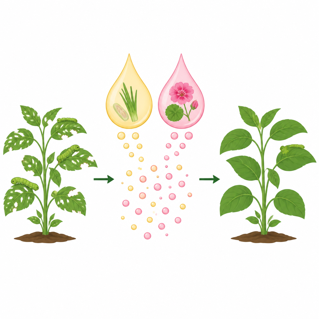 Figure 1. Goccioline di dimensioni nano di oli vegetali proteggono le foglie delle colture dai bruchi infestanti più efficacemente rispetto agli oli convenzionali.