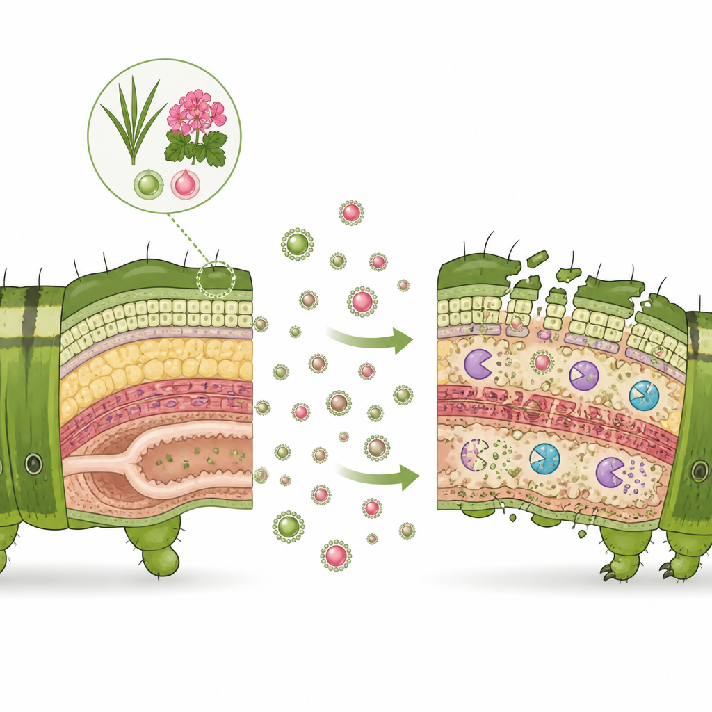 Figure 2. Particelle nano di olio vegetale penetrano negli strati del corpo del bruco e alterano processi interni necessari alla crescita e alla muta.