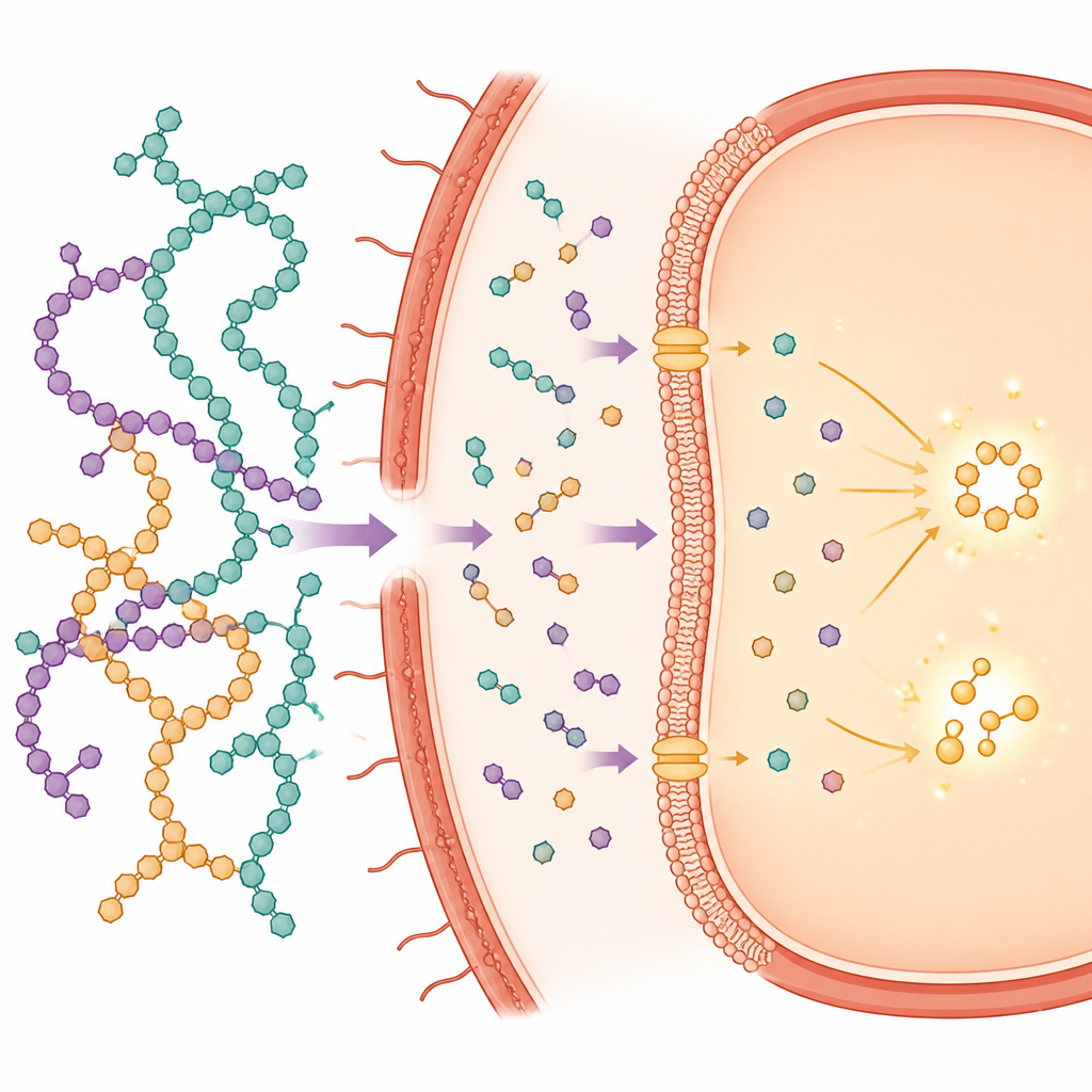 Figure 2. Come il nuovo batterio assimila zuccheri complessi e li trasforma in mattoni più semplici all’interno della cellula.