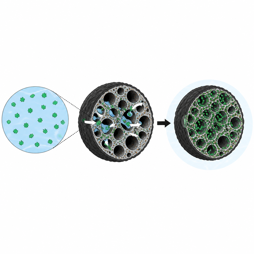 Figure 2. Nanopartículas porosas capturam moléculas de verde brilhante na água atraindo-as e retendo-as em superfícies internas.