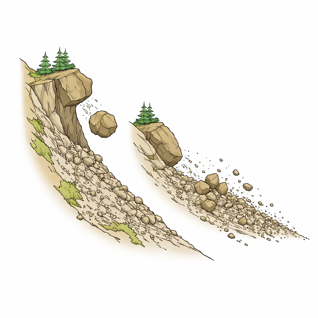 Figure 1. Hoe een vallende rots verandert in een verspreiding van puin over een berghelling