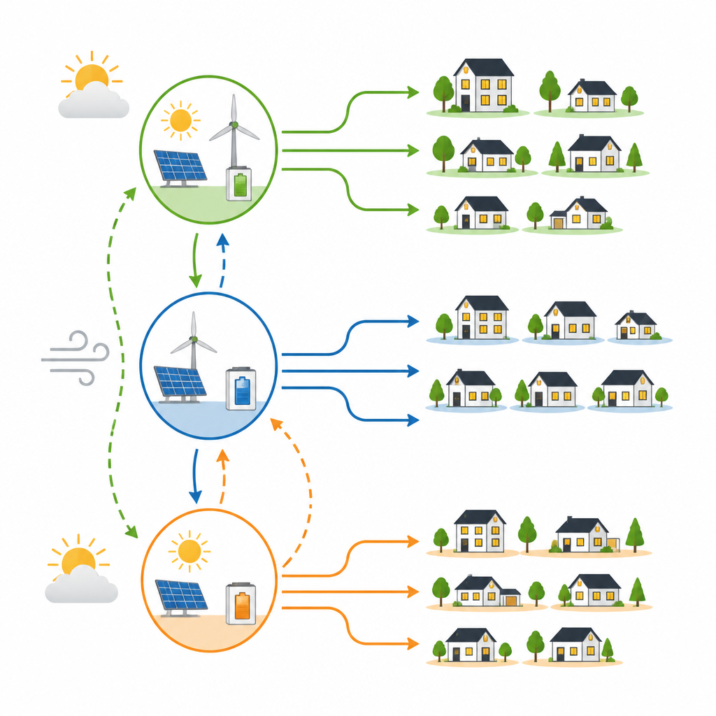 Figure 1. Cómo tres núcleos de energía vecinales comparten electricidad de forma flexible para mantener abastecidas las casas a medida que cambian el sol, el viento y la demanda.