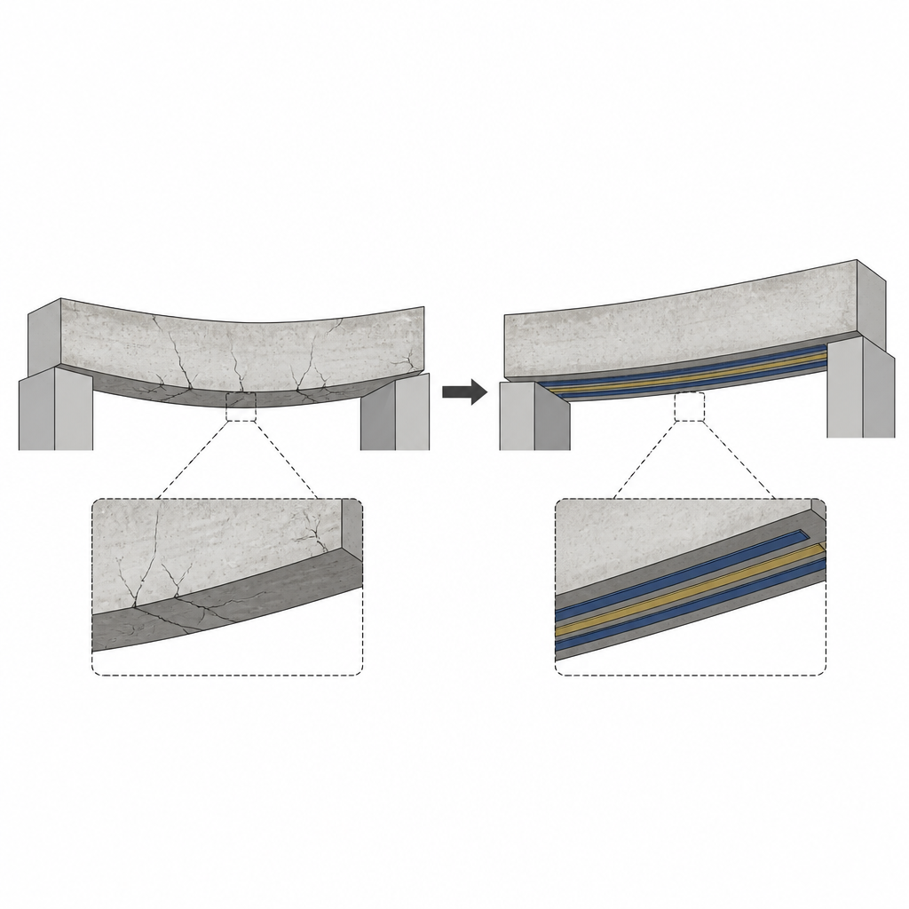 Figure 1. Как тонкие полосы из базальтового волокна могут укреплять треснувшие бетонные балки при правильном креплении.