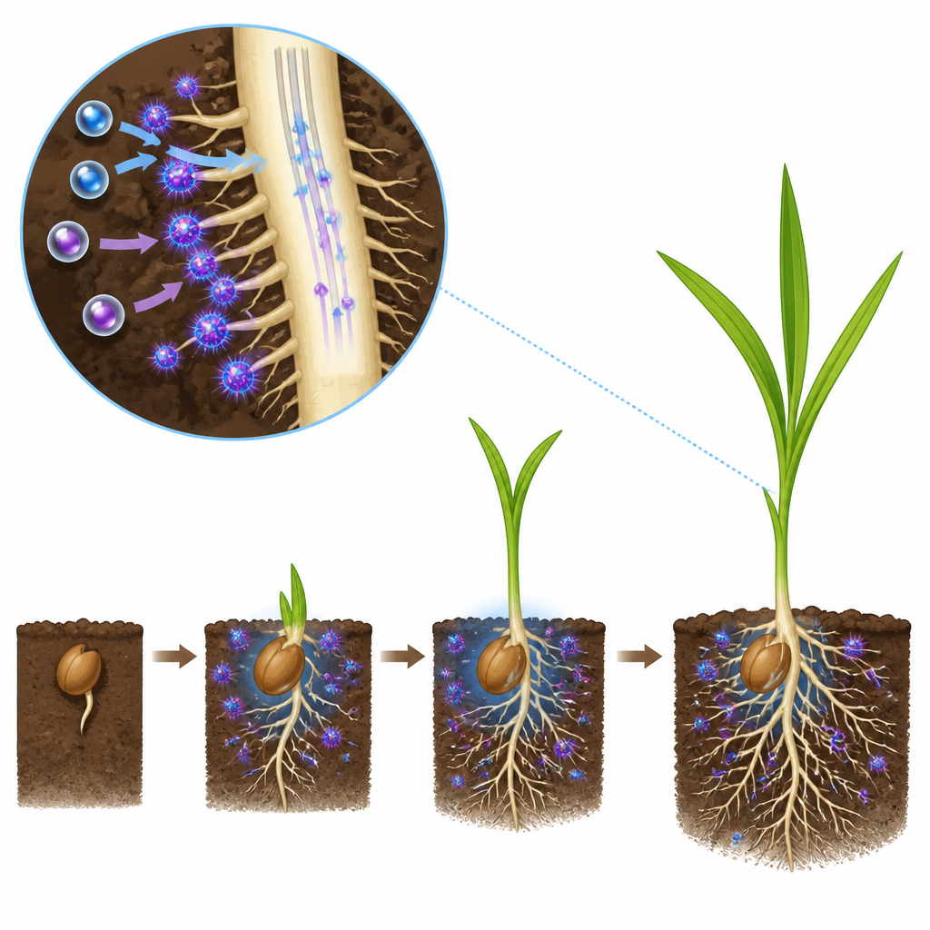 Figure 2. Nanoparticelle attorno a semi e radici che migliorano la germinazione, la crescita radicale e l’uso dell’azoto all’interno della pianta in sviluppo