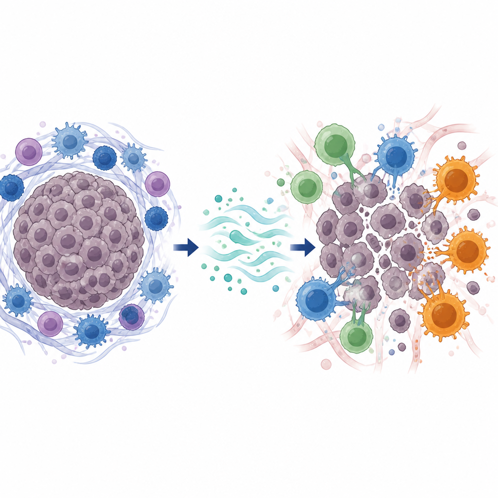 Figure 2. Visione passo dopo passo di un segnale immunitario che entra nel tessuto tumorale mammario e trasforma cellule immunitarie "silenti" in combattenti attivi contro il cancro