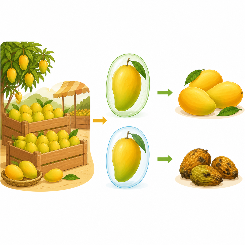 Figure 1. Edible nano-coatings help mangoes stay fresh longer from farm to market by slowing ripening and decay.