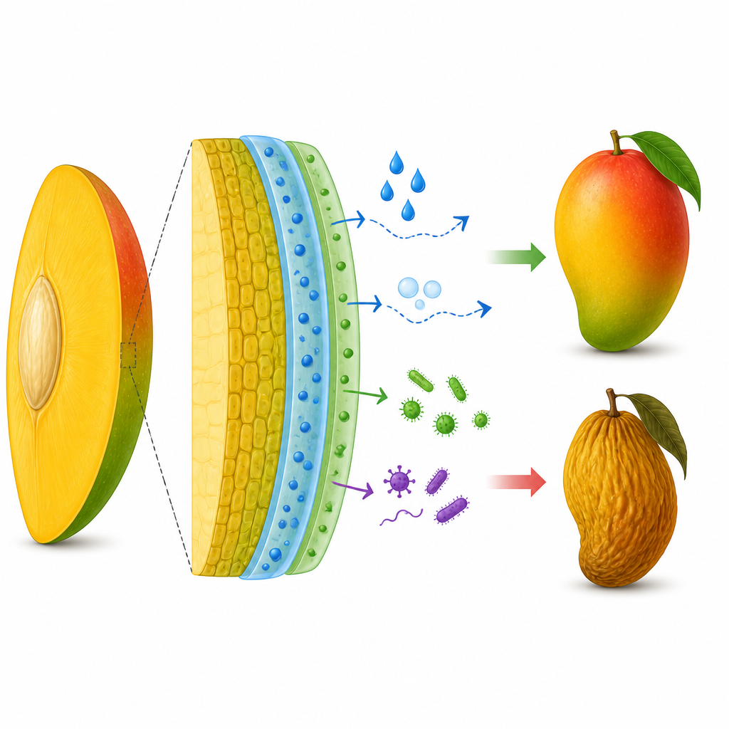Figure 2. Thin coated layers with tiny particles block moisture, gases, and microbes so mangoes stay firm and resist spoilage.