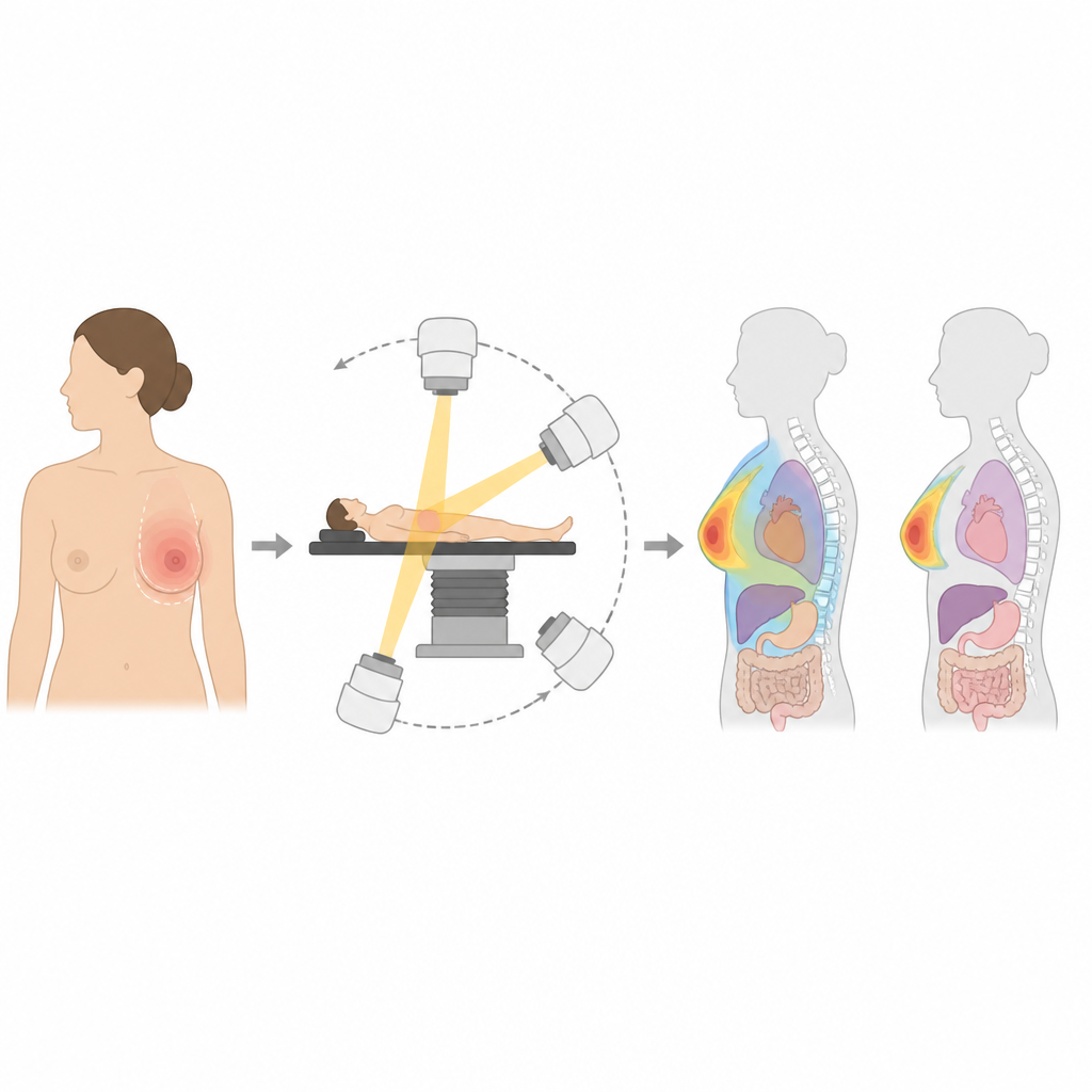 Figure 1. Come la pianificazione automatizzata modella la radioterapia mammaria per proteggere cuore e polmoni