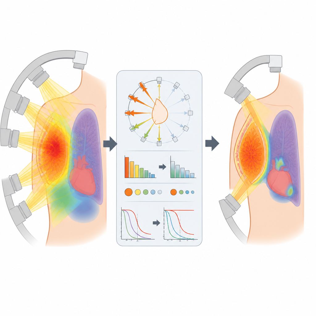 Figure 2. Come l’aggiustamento computerizzato graduale riduce la dispersione di radiazione verso gli organi vicini durante il trattamento del seno