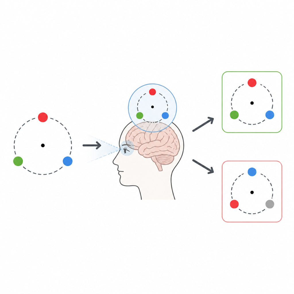 Figure 1. Wie das visuelle Kurzzeitgedächtnis Farben und Positionen fehlzuordnen vermag, statt sie sauber zwischen Objekten zu tauschen.