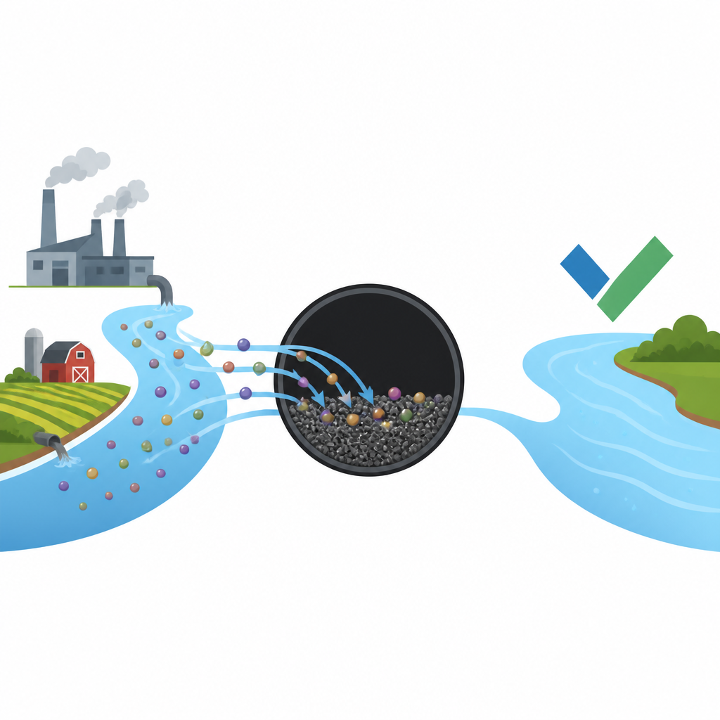 Figure 1. Verschmutztes Wasser fließt durch einen nanopartikelbasierten Sensor, um sauberere, sicherere Wasserüberwachung zu zeigen.