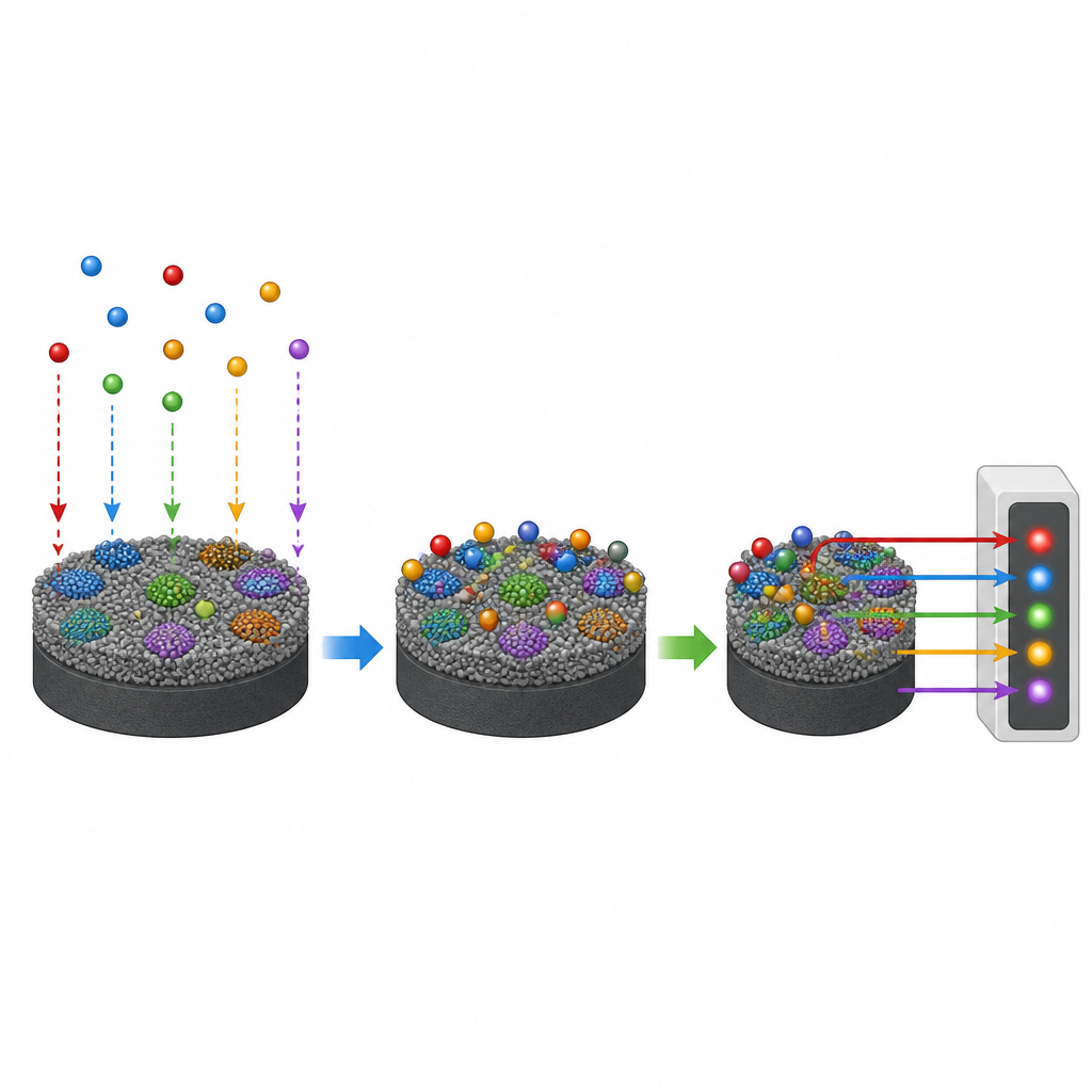 Figure 2. Detailaufnahme von Metallionen, die sich auf einer mit Nanopartikeln beschichteten Elektrodenoberfläche ansammeln und ein messbares Signal erzeugen.