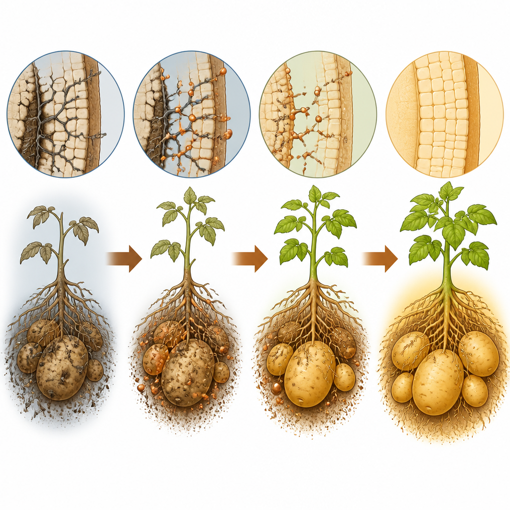 Figure 2. Nano-Kupferpartikel umgeben und schwächen Wurzelpilze, sodass Kartoffelknollen sich erholen und größer wachsen.