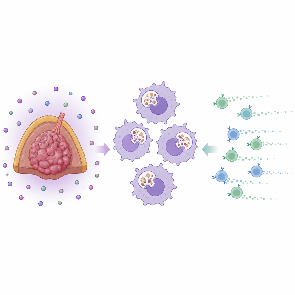 Figure 1. How stress hormones in adrenal tumors reshape immune cells to help bring T cells into the cancer.