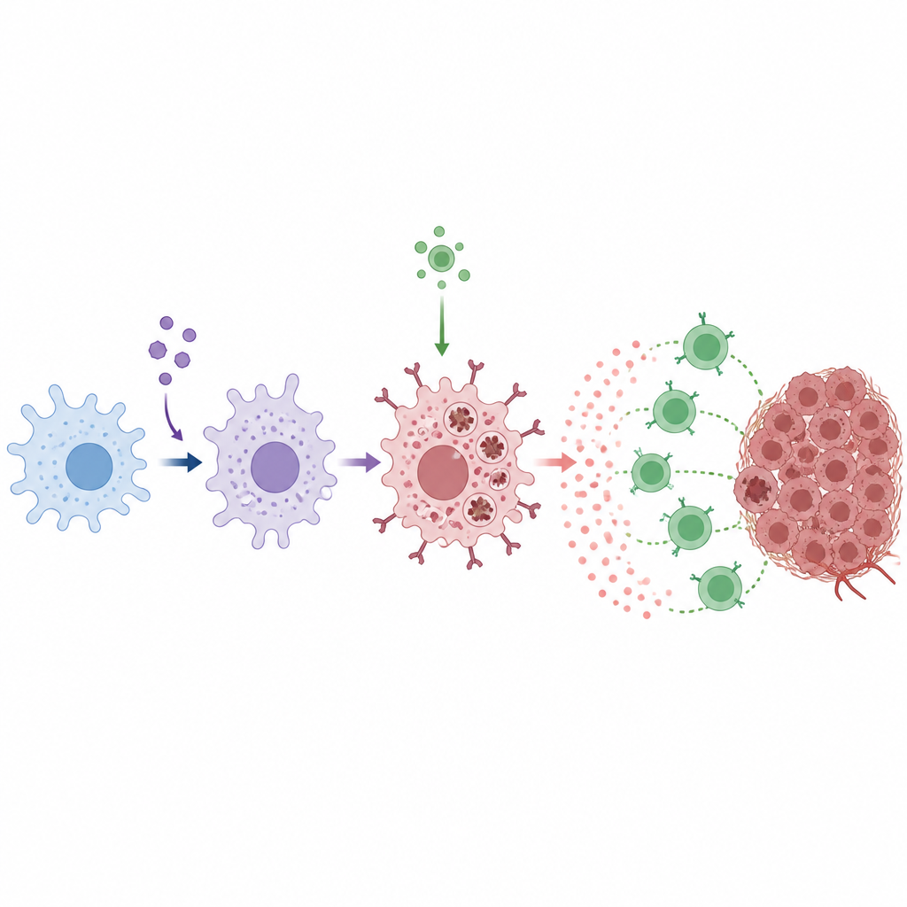 Figure 2. How hormone-trained macrophages eat tumor cells then release signals that steer T cells toward the cancer.