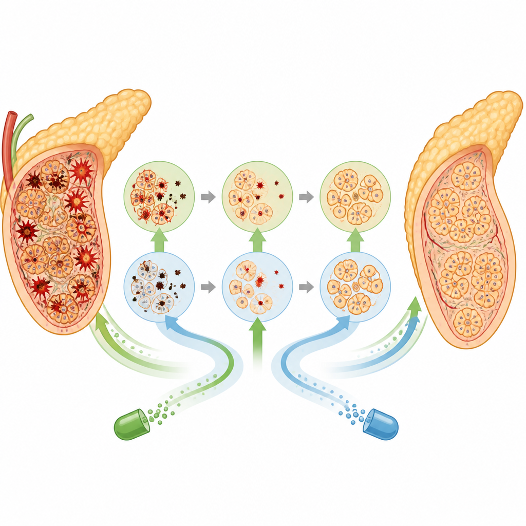 Figure 2. Deux agents naturels réduisent le stress et les lésions du pancréas, permettant aux îlots producteurs d’insuline de retrouver leur structure.