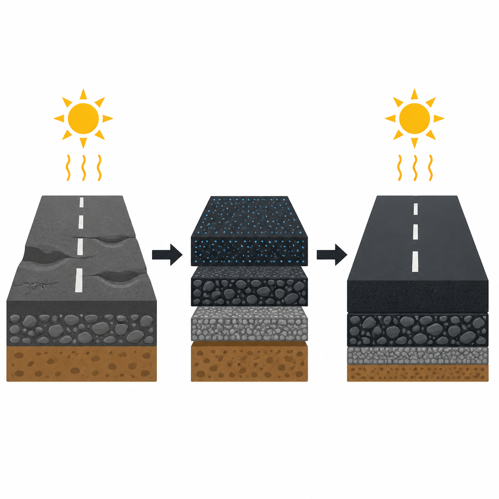 Figure 1. How adding tiny mineral particles to asphalt can turn a rutted road into a smoother, longer lasting surface.