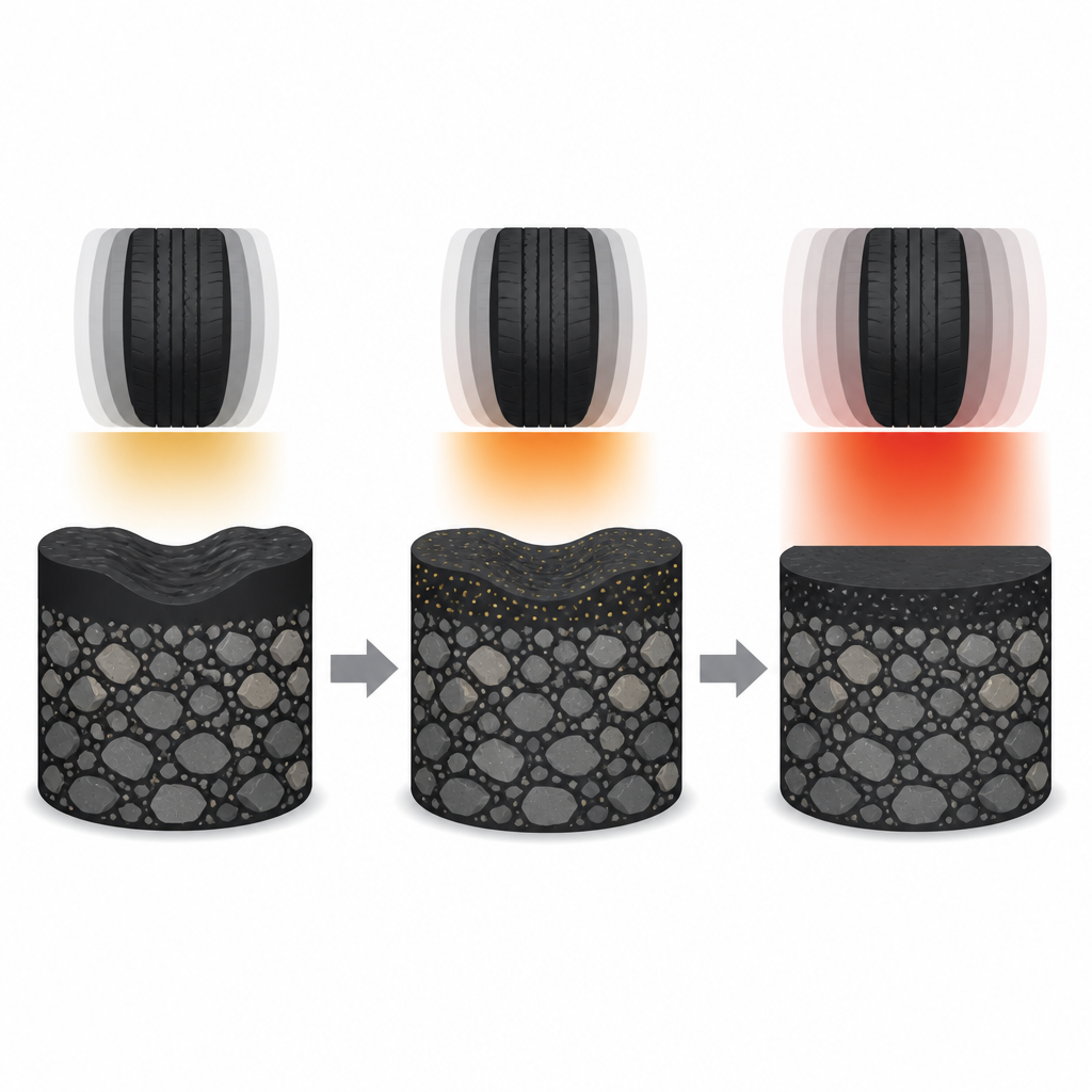 Figure 2. Step by step view of nano modified asphalt resisting wheel loads and heat better than ordinary asphalt.