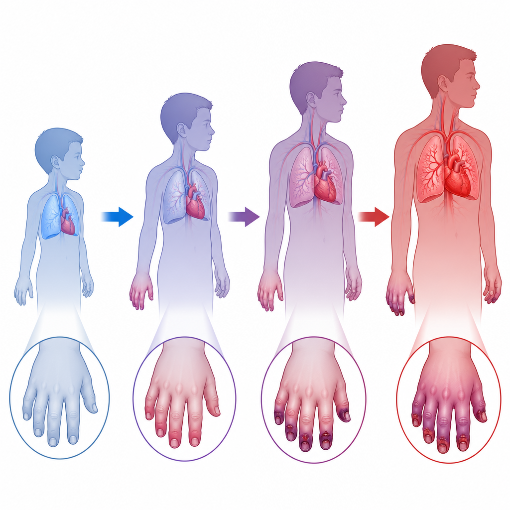 Figure 2. Come i precoci danni a mani e pelle nei pazienti giovani possono evolvere in un aumento della pressione nei vasi polmonari con l’avanzare dell’età.