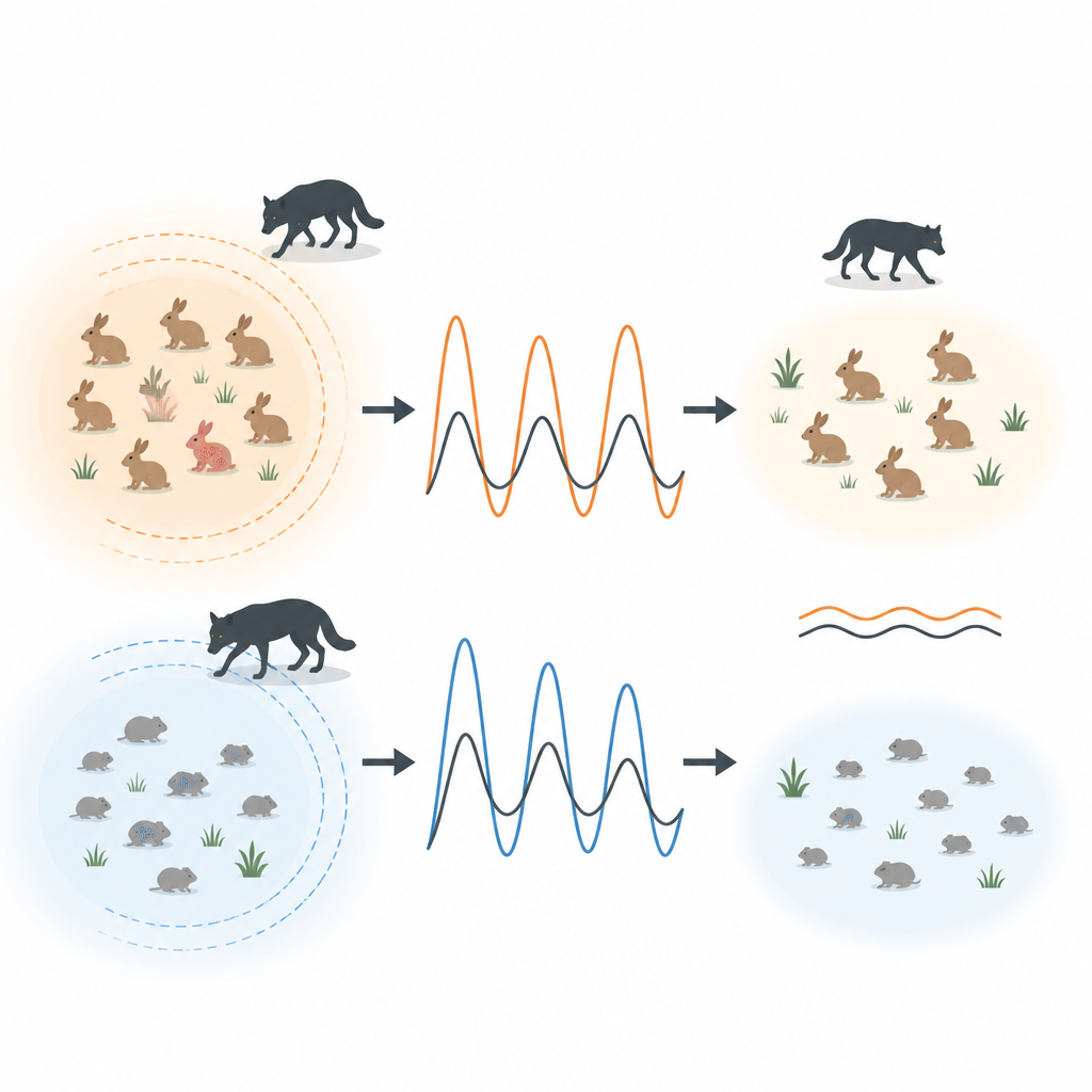 Figure 2. Come paura e memoria modificano il progressivo aumento e calo delle popolazioni sane, infette e dei predatori nel tempo.