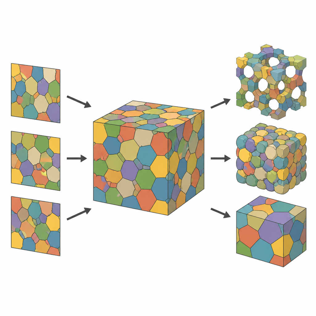 Figure 1. Het herbouwen van verborgen 3D-celstructuren binnen materialen met alleen 2D-beeldslices als input.