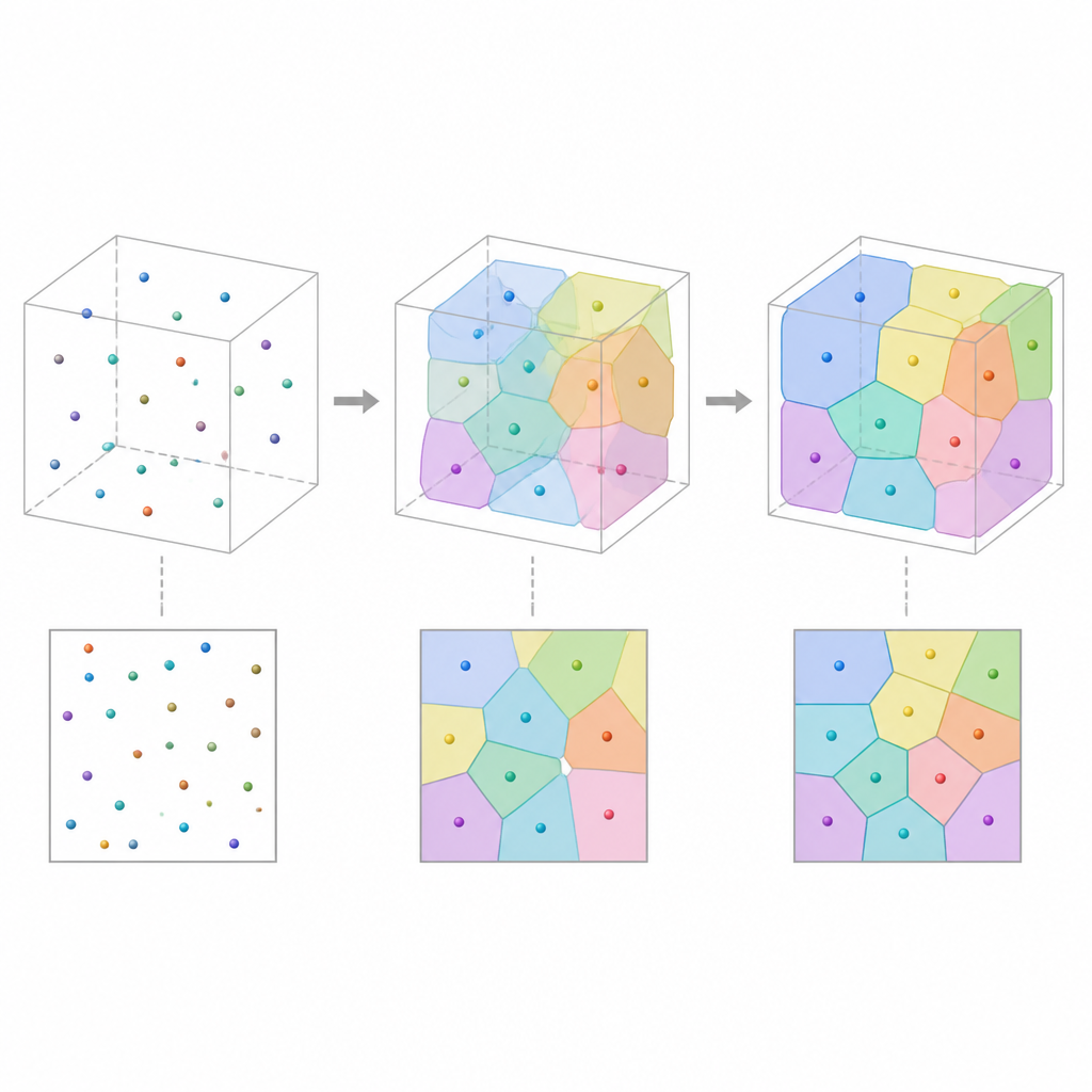 Figure 2. Stapsgewijze aanpassing van celzaden zodat gesimuleerde slices statistisch overeenkomen met echte microstructuurslices.