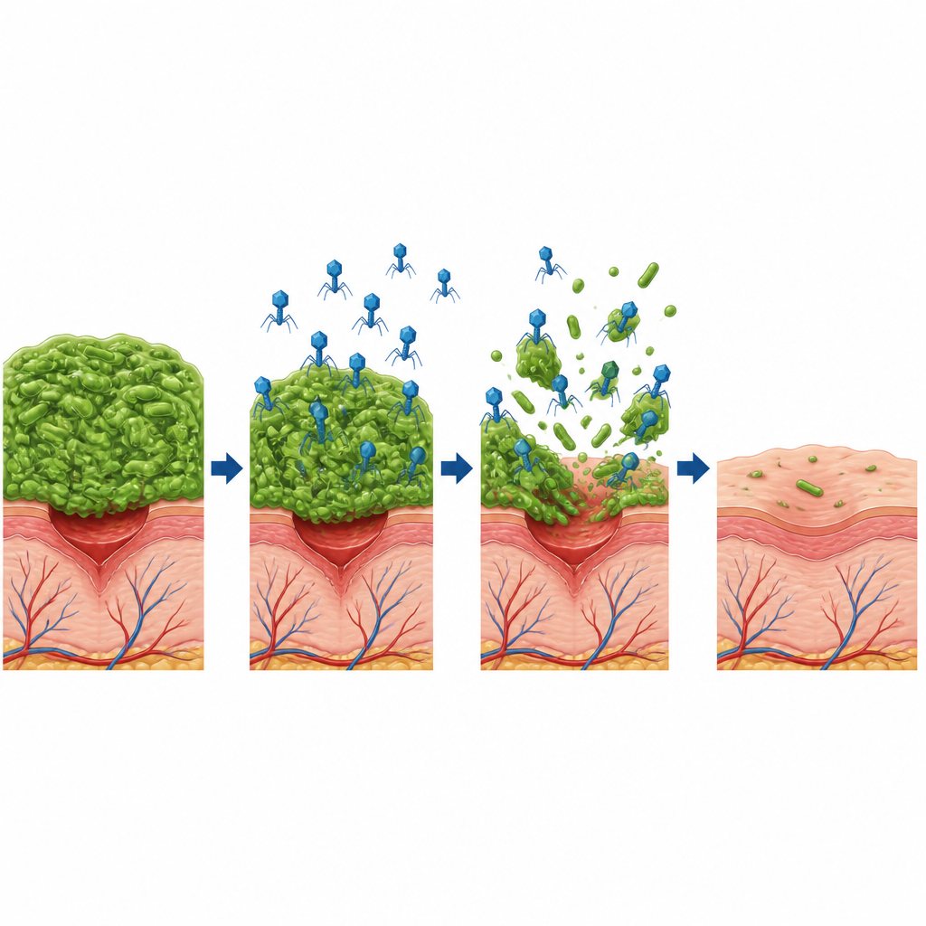 Figure 2. Virüsler, bir yaradaki bakteriyel biofile tutunur, onu parçalar ve daha temiz iyileşen doku bırakır.