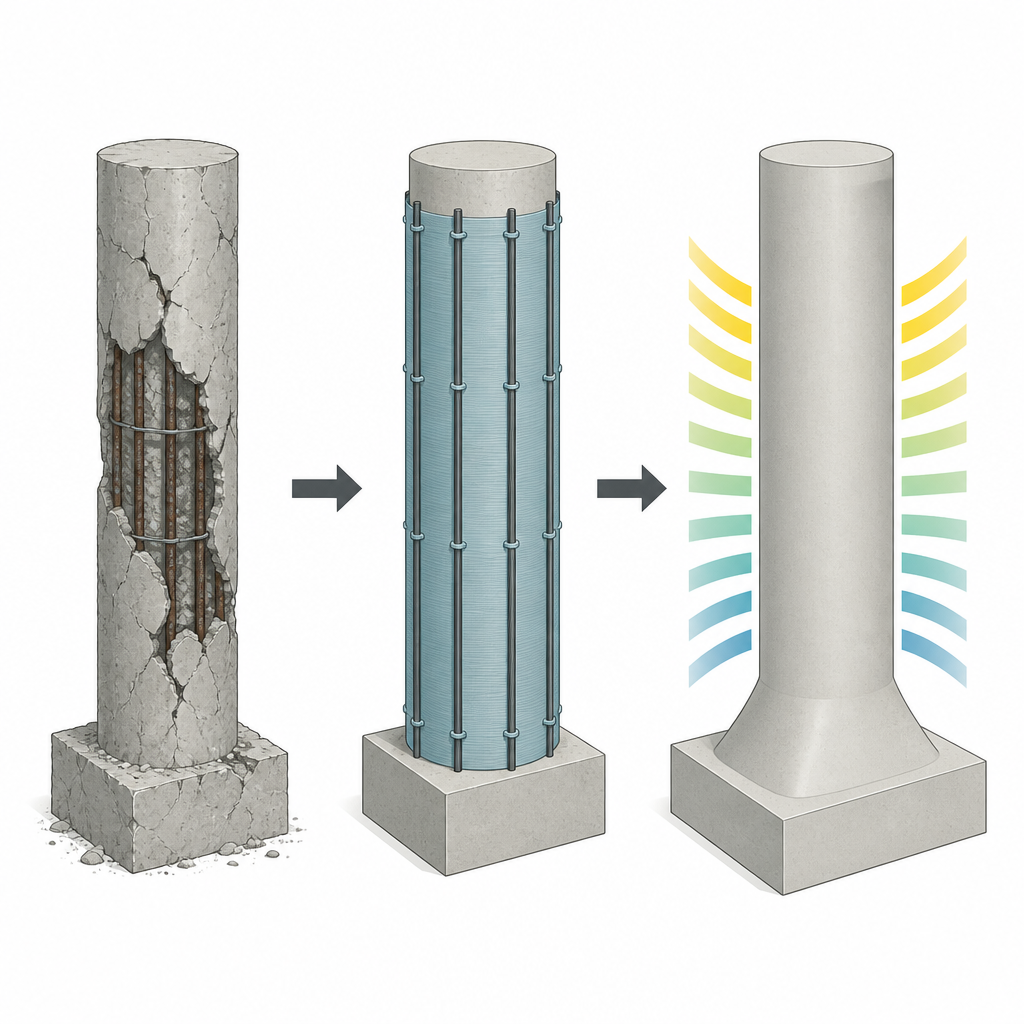 Figure 1. Beschädigte Betonstützen mit dünnen hochfesten Ummantelungen und zusätzlichen Stäben verstärkt, um Festigkeit und Zähigkeit zurückzugewinnen.