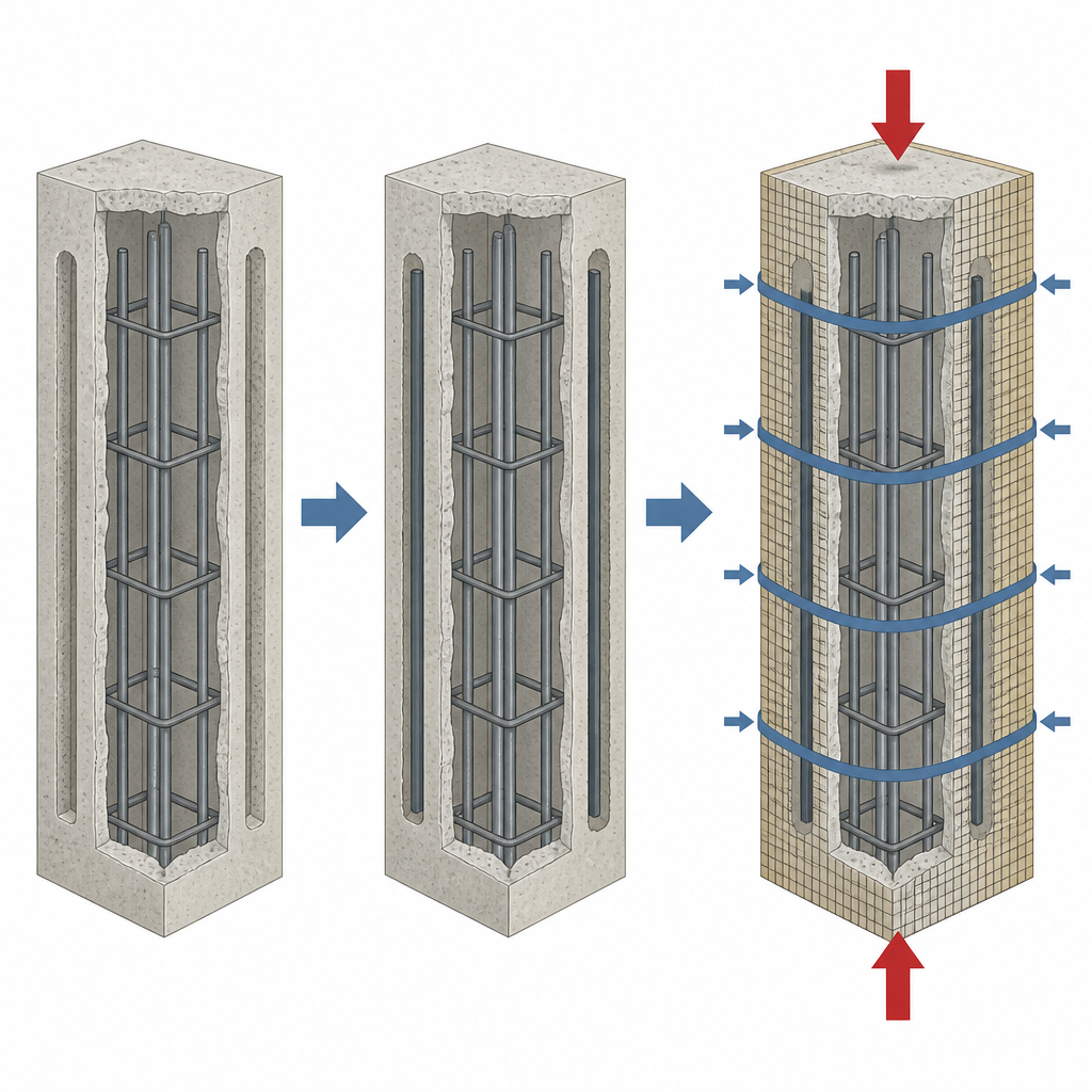 Figure 2. Near-Surface-Stäbe und faserreiche Umschließungen wirken zusammen, um einen Betonkern zu confinementen und seine Lastaufnahme zu erhöhen.