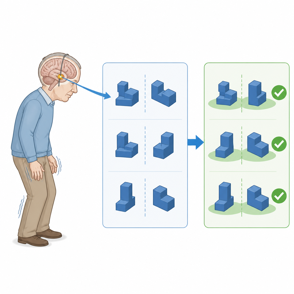 Figure 1. Stymulacja mózgu u pacjentów z chorobą Parkinsona może wyostrzyć sposób, w jaki wyobrażają sobie i porównują obrócone w przestrzeni kształty 3D.