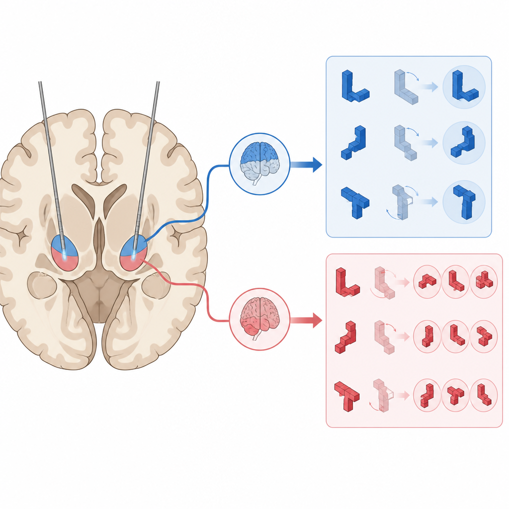 Figure 2. Różne obszary w obrębie głębokiego celu mogą prowadzić albo do wyraźniejszej, albo do bardziej zakłóconej rotacji mentalnej kształtów 3D.