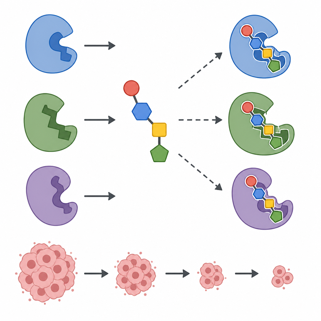 Figure 2. Un único compuesto líder encaja en tres enzimas cerebrales para bloquear su acción mientras reduce agrupaciones de células tipo canceroso en ensayos.