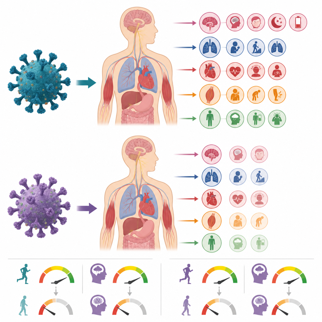 Figure 2. How different COVID variants and vaccination change symptom clusters while long COVID still harms daily life.