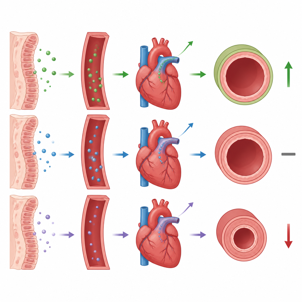 Figure 2. Step by step view of gut hormones entering blood, reaching the heart, and affecting vessel tone and blood pressure in POTS.