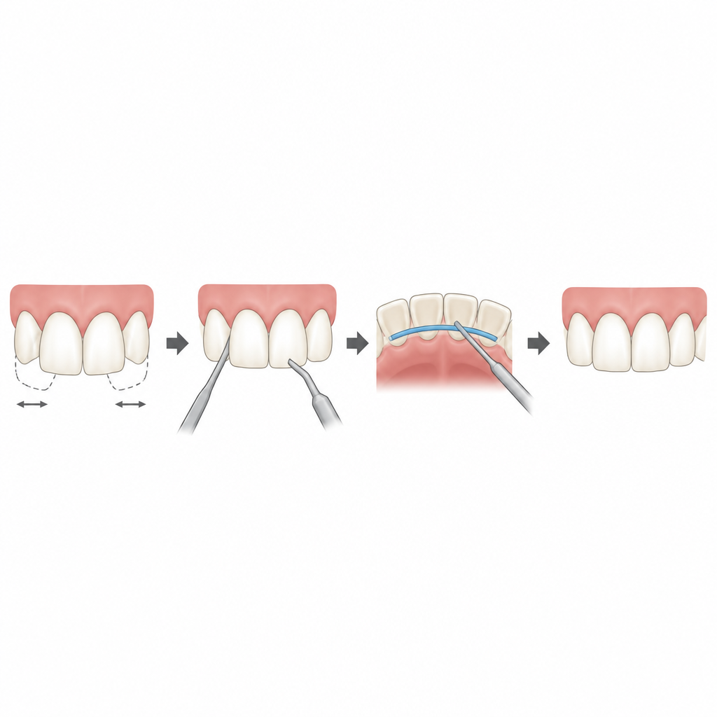 Figure 2. Pratica passo dopo passo per riposizionare denti mobili e aggiungere una sottile striscia di supporto per mantenerli stabili.