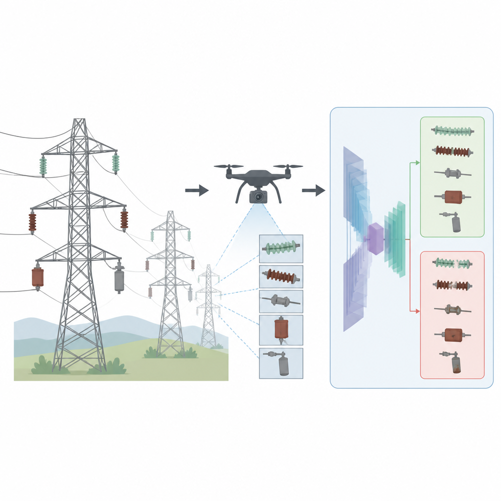 Figure 1. Jak jeden system AI sprawdza wiele elementów linii energetycznych pod kątem uszkodzeń, używając zwykłych zdjęć.