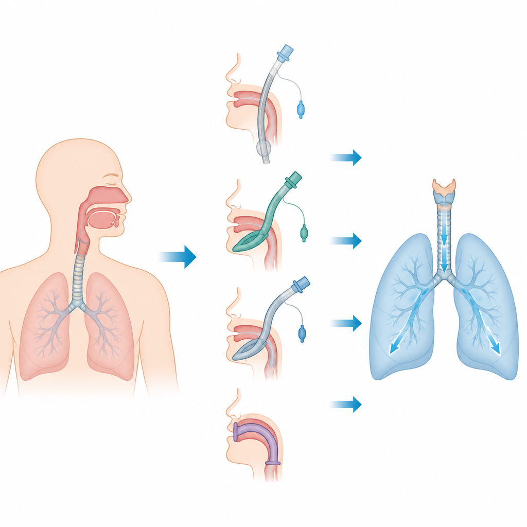 Figure 1. Diversi dispositivi per la respirazione d’emergenza possono tutti instradare l’aria dalla bocca ai polmoni in una panoramica visiva semplice.