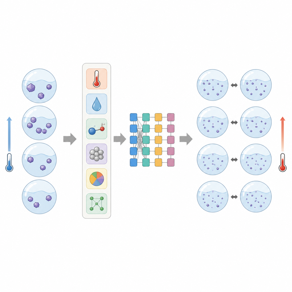 Figure 2. Schrittweise Darstellung der Eingaben, des Maschinenlernmodells und übereinstimmender Kurven für gemessene und vorhergesagte Löslichkeit bei steigender Temperatur.