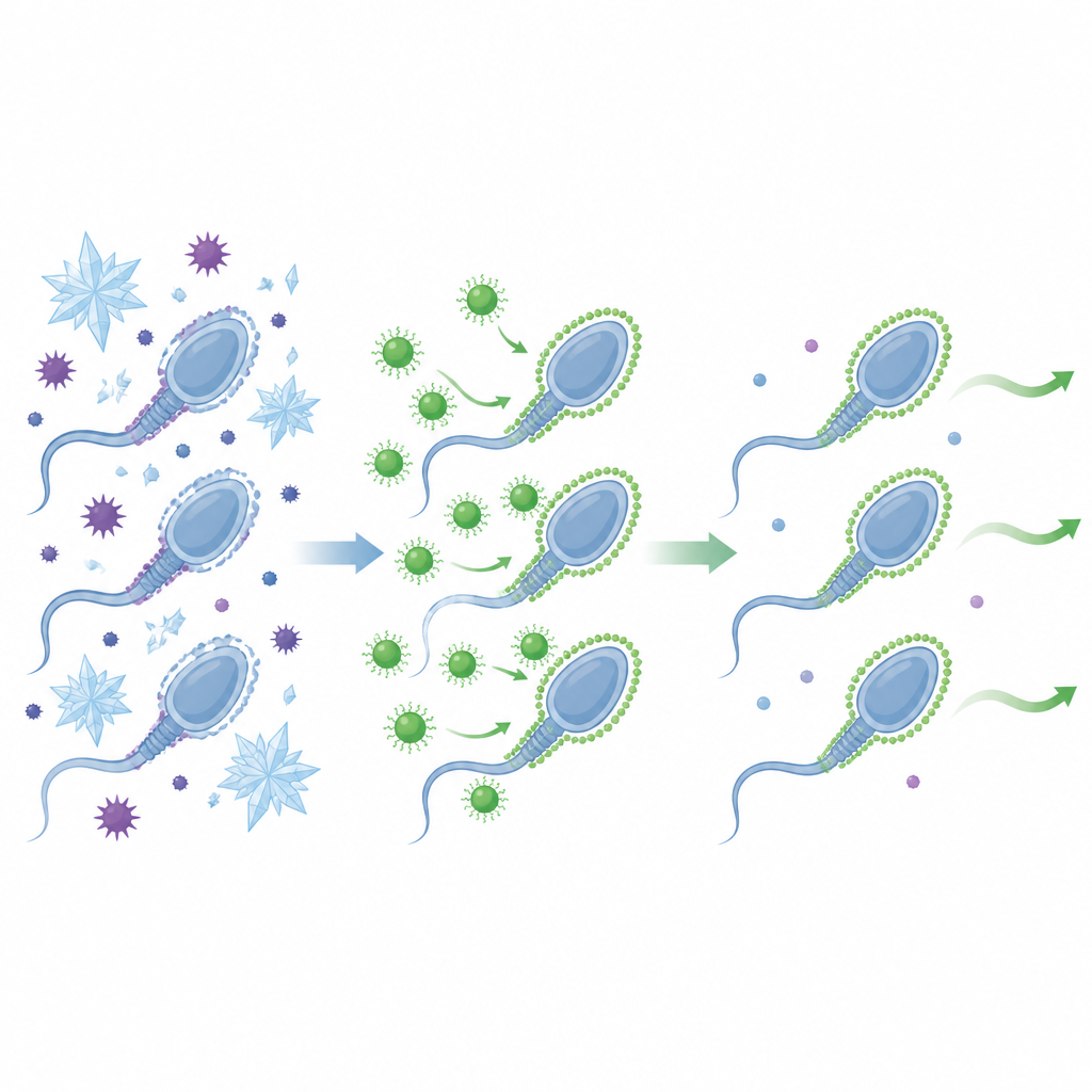 Figure 2. Come piccole particelle di tè verde rivestono e proteggono gli spermatozoi dei montoni dai danni da freddo durante la crioconservazione, così che più cellule sopravvivano e nuotino efficacemente.