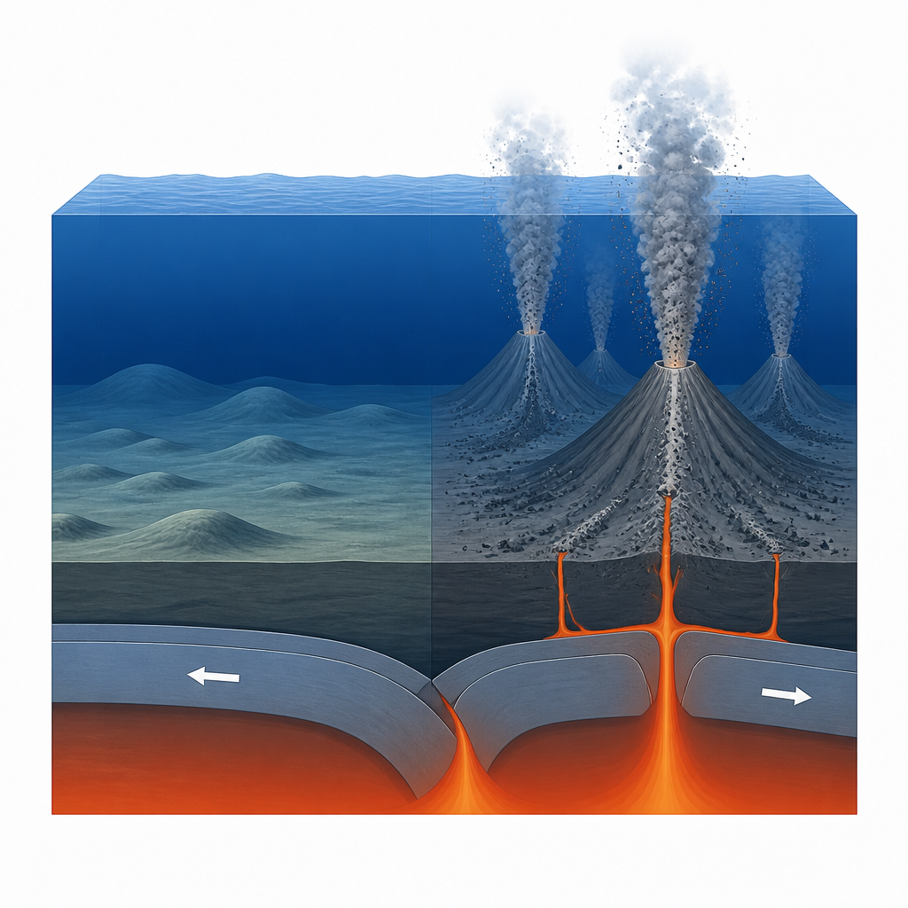 Figure 1. Diepe vulkanen op de Atlantische zeebodem kunnen krachtig exploderen, zelfs onder kilometers water, en laten verborgen signalen in de ondergrond achter.