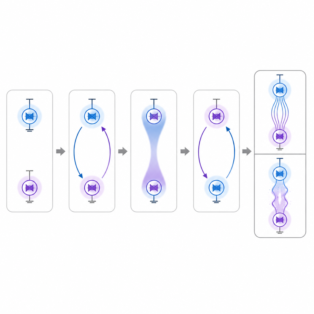 Figure 2. Krok po kroku pokazano, jak dwa kubity wymieniają swoje stany oraz jak szum nieznacznie zniekształca tę kwantową zamianę.