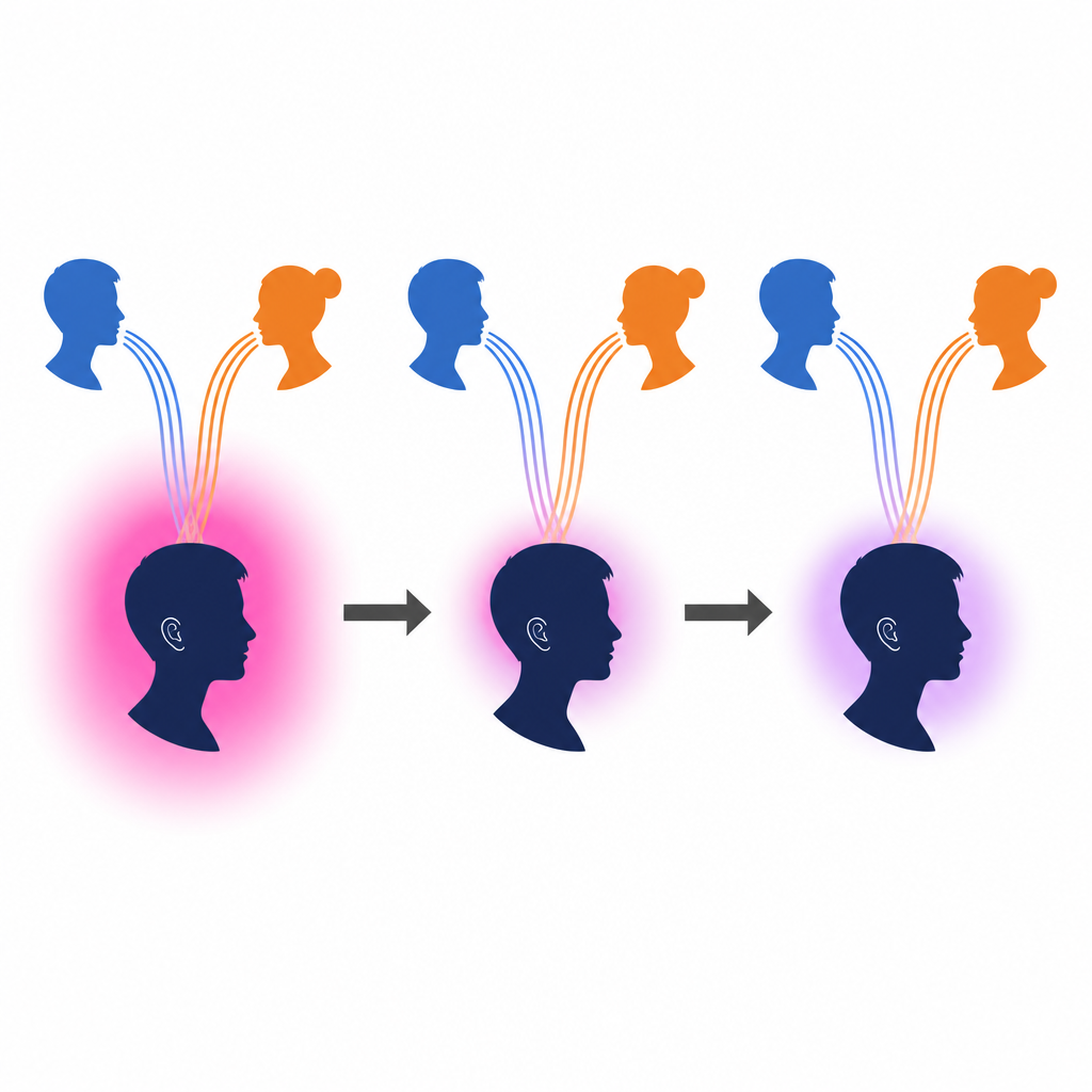 Figure 2. Wie der Höraufwand abnimmt, während sich das Gehirn im Laufe der Zeit an einen weniger vertrauten Akzent anpasst.