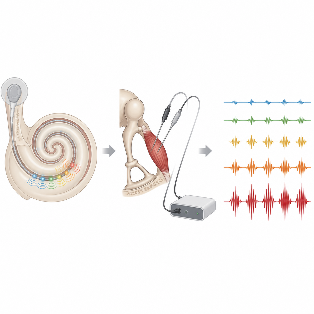 Figure 2. Hoe pulsen van een cochleair implantaat een klein oorspiertje activeren en signalen genereren die veilige luidheidsniveaus onthullen