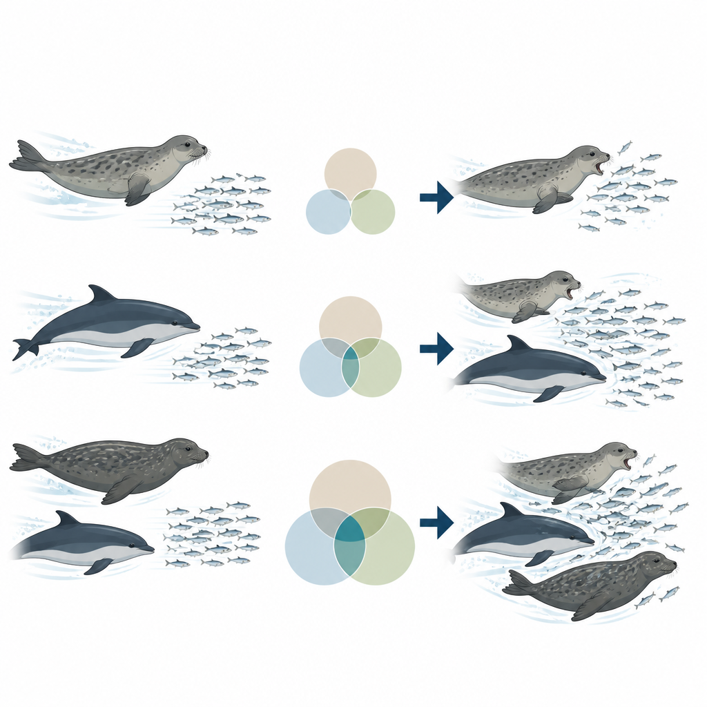 Figure 2. Пошаговый взгляд на то, как тюлени и морские свиньи сходятся на одних и тех же энергетически богатых рыбах, демонстрирующий растущее перекрытие и конкуренцию за добычу.