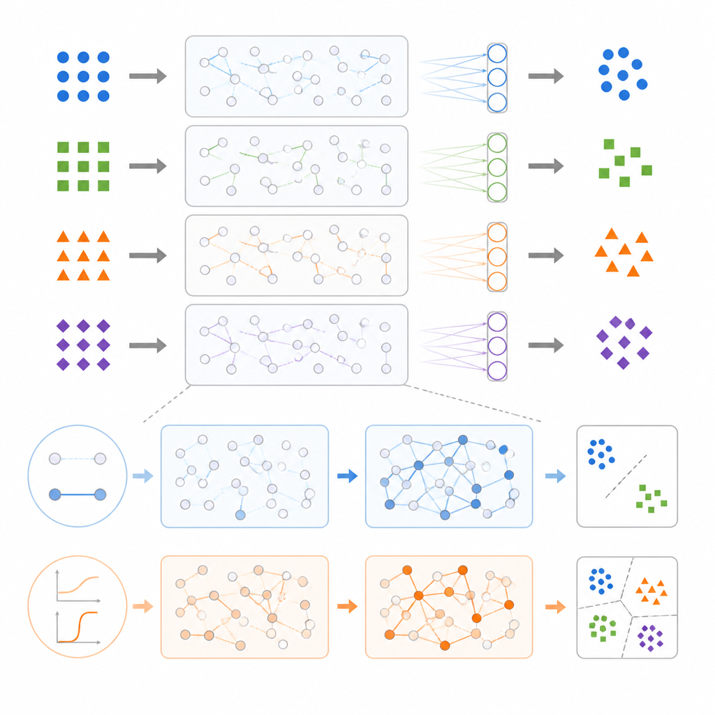Figure 2. كيف يغير ضبط قوة الاتصالات واستجابة العصبونات نشاط الخزان وأداء المهام خطوة بخطوة.