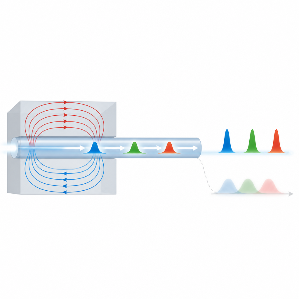 Figure 1. Cómo las fibras magnéticas ayudan a que los pulsos de luz conserven su forma para una transmisión de datos a larga distancia más clara