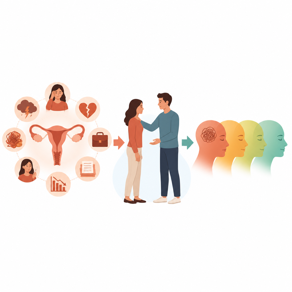 Figure 2. Schritt-für-Schritt-Betrachtung, wie reproduktive Sorgen und Partnerunterstützung zusammenwirken, um die emotionale Belastung von Frauen nach Krebs zu beeinflussen.