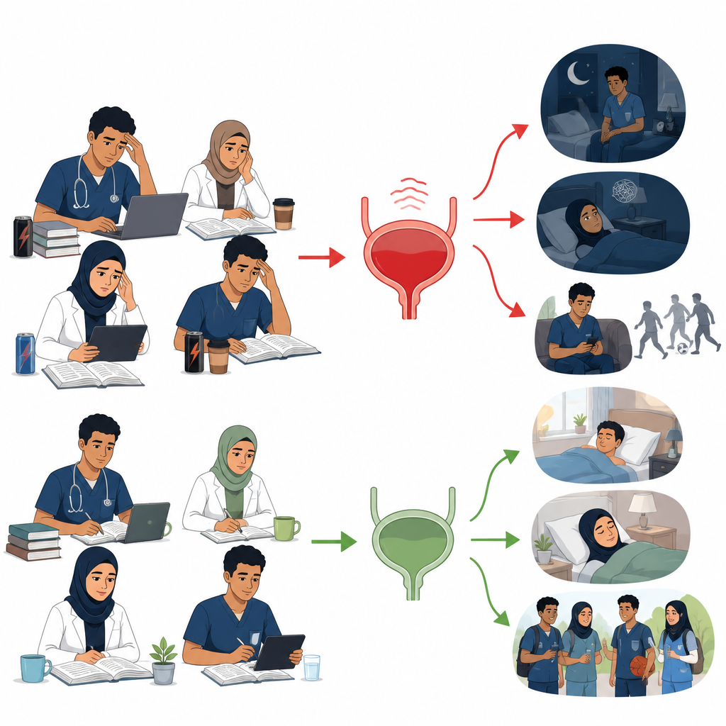 Figure 2. Wie Stress und Gewohnheiten beim Konsum von Energy-Drinks mit Blasensymptomen und Schlaf bei Studierenden zusammenhängen.