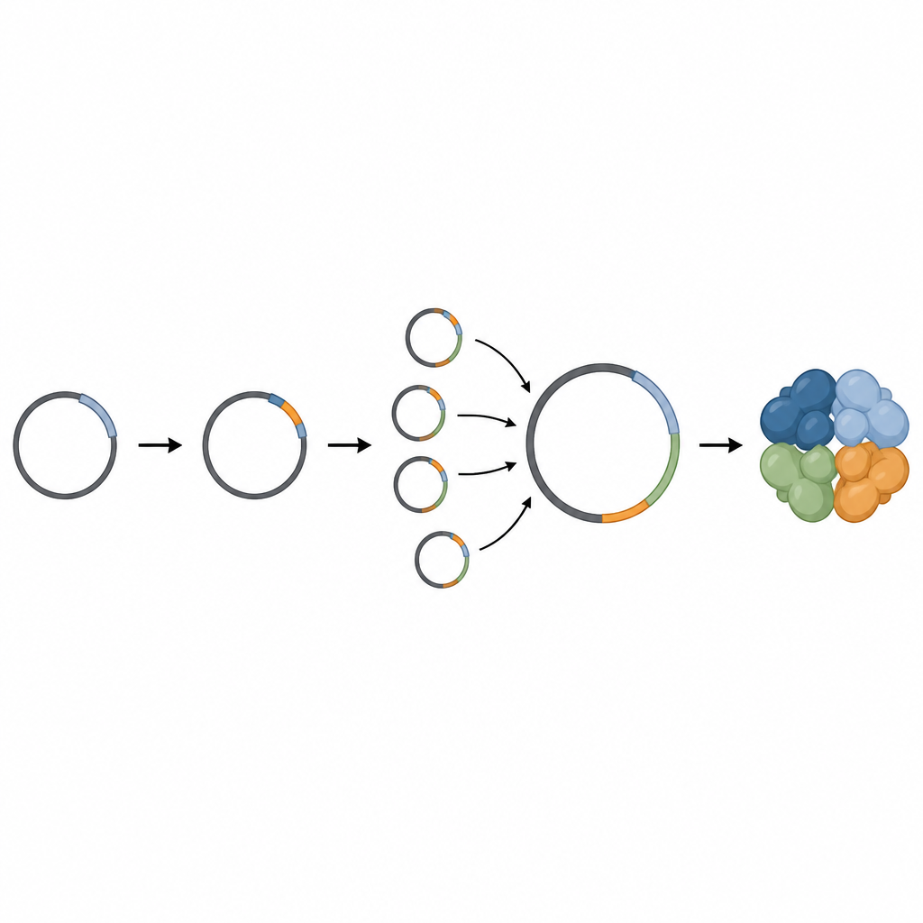 Figure 2. Percorso graduale da un piccolo frammento di DNA editato al plasmide riassemblato e a una proteina multi‑parte completa.